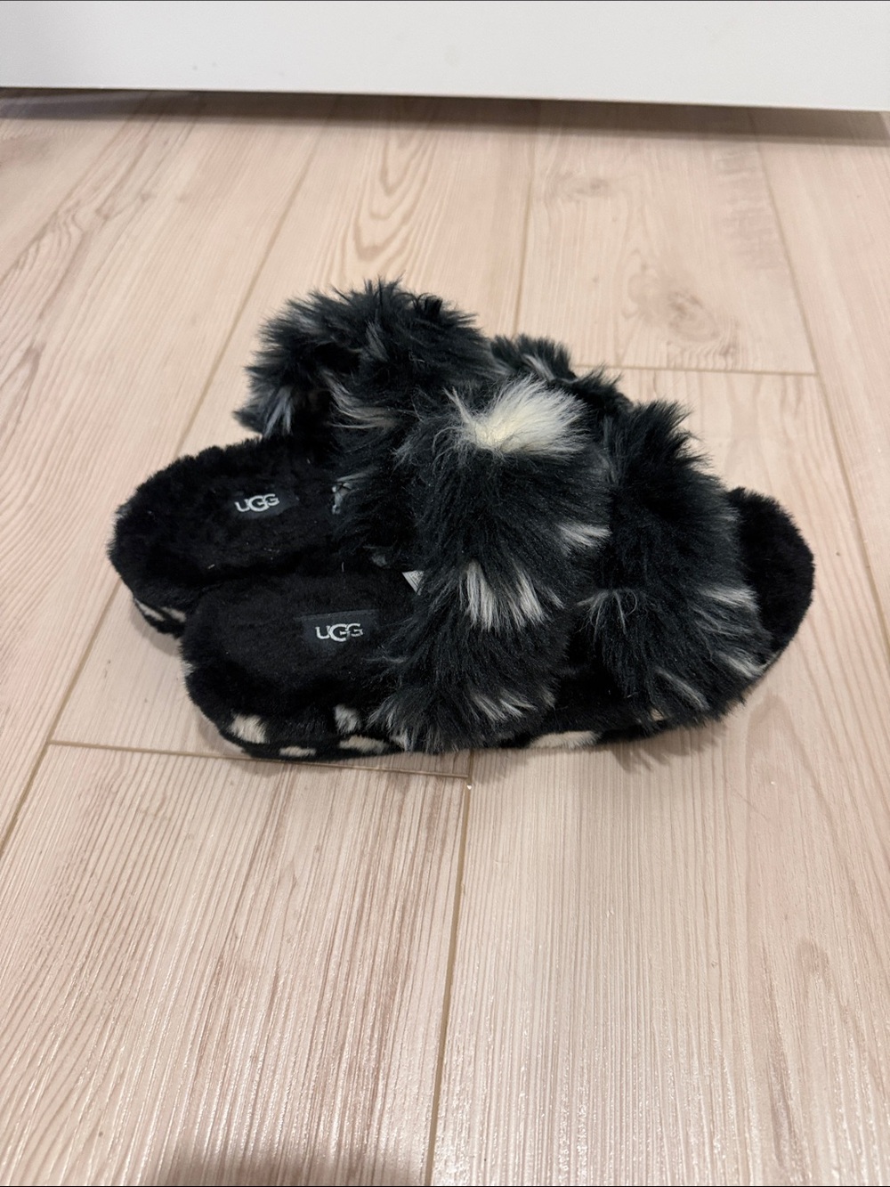 UGG Black and White Faux Fur Slide Slippers